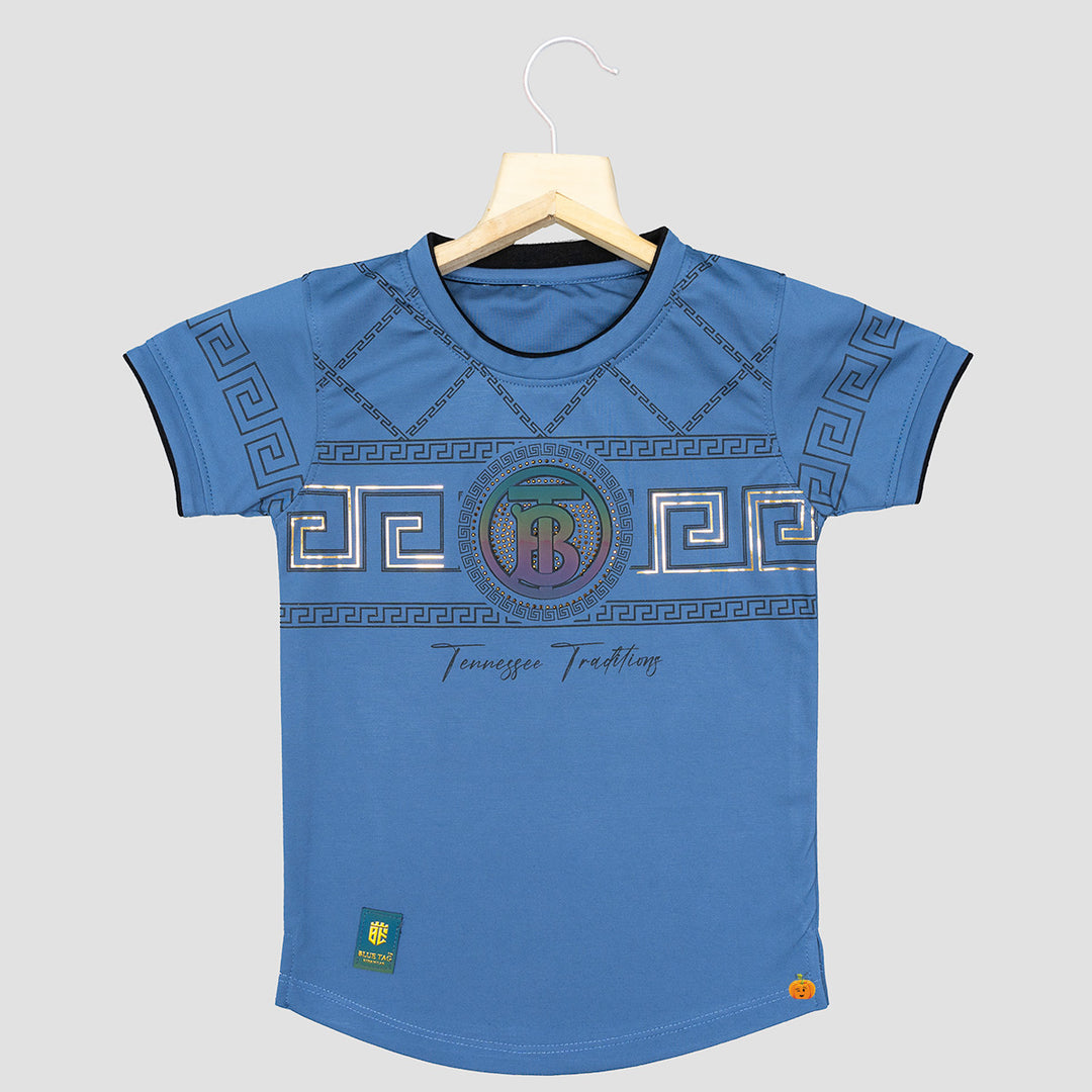 Grey & Blue Half Sleeves Boys T-shirt Front View