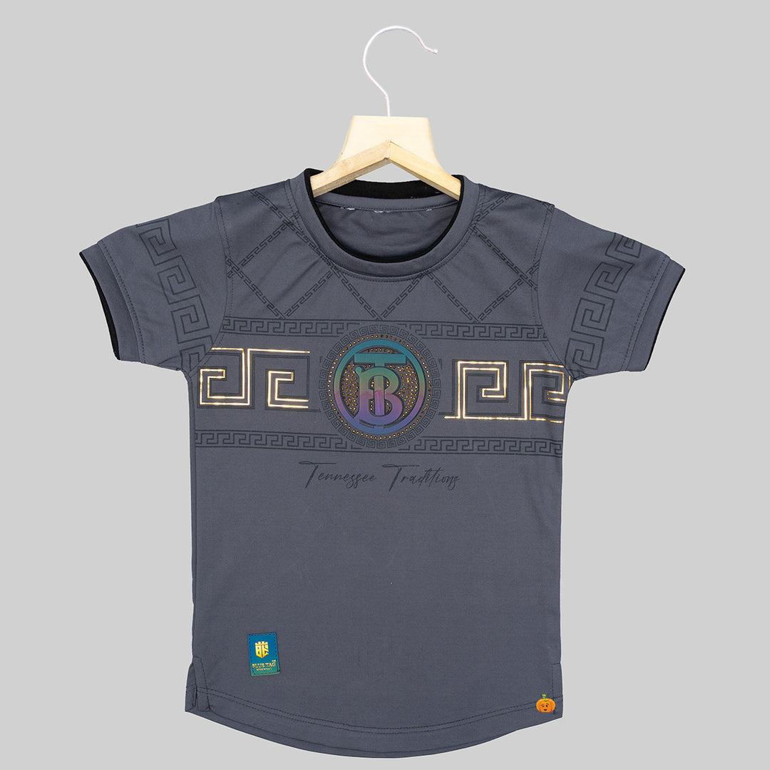 Grey & Blue Half Sleeves Boys T-shirt Front View