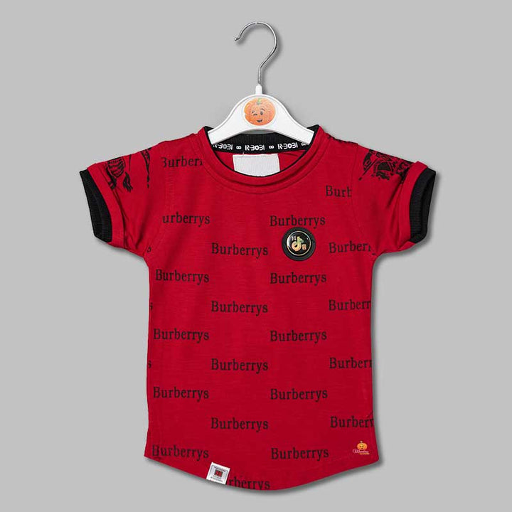 Solid Red Calligraphic Print T-Shirts for Boys Variant Front View