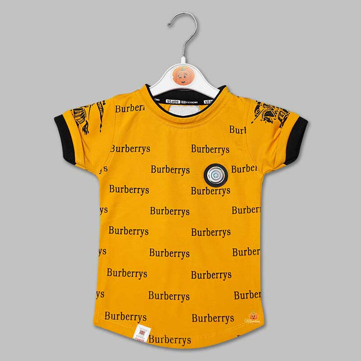 Solid Mustard Calligraphic Print T-Shirts for Boys Variant Front View