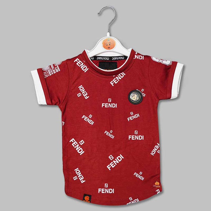 Solid Maroon Calligraphic Print T-Shirts for Boys Variant Front View