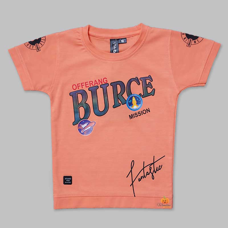 Solid Peach Printed T-Shirt for Boys Variant Front View