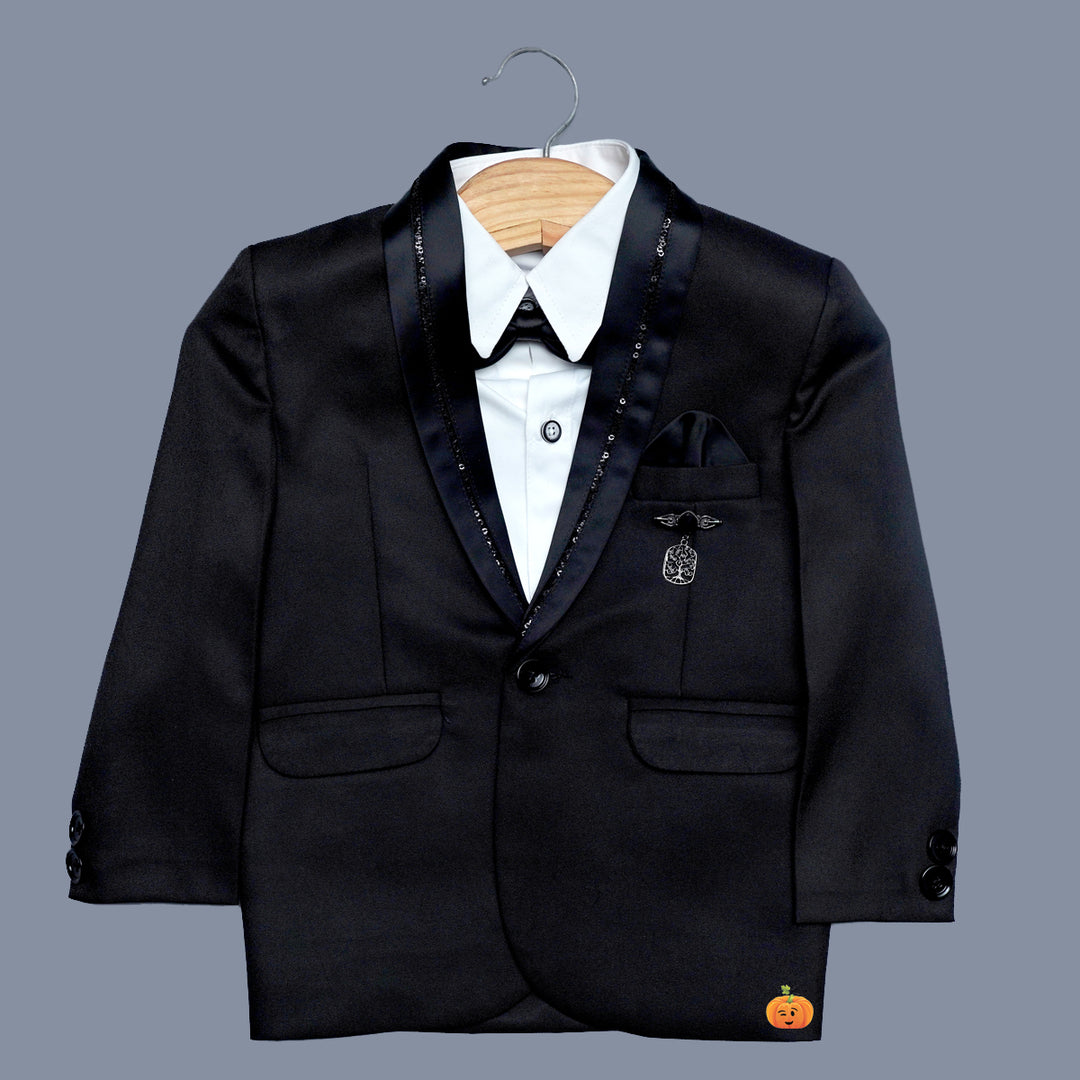 Solid Design Black Boys Tuxedo Top View