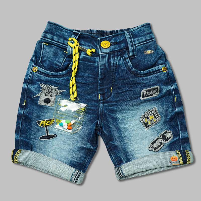 Denim Printed Solid Shorts For Boys Front View