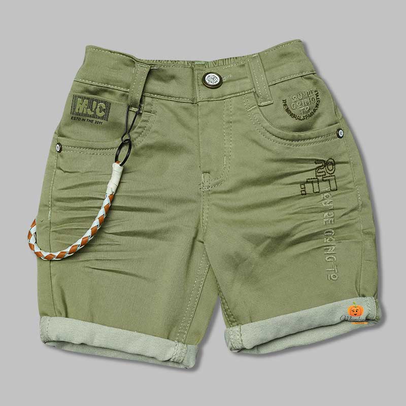 Solid Green Numeric Printed Shorts For Boys Front View