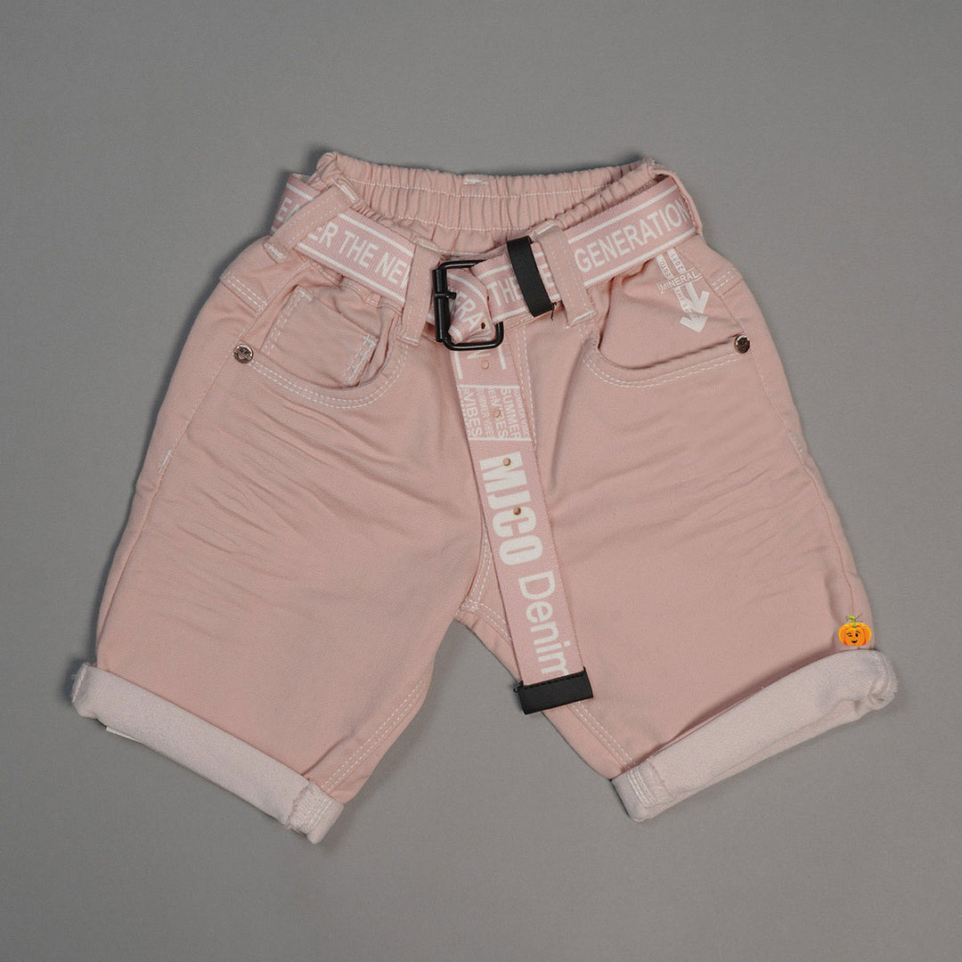 Solid Pink Shorts for Boys With Elegant Belt Front View