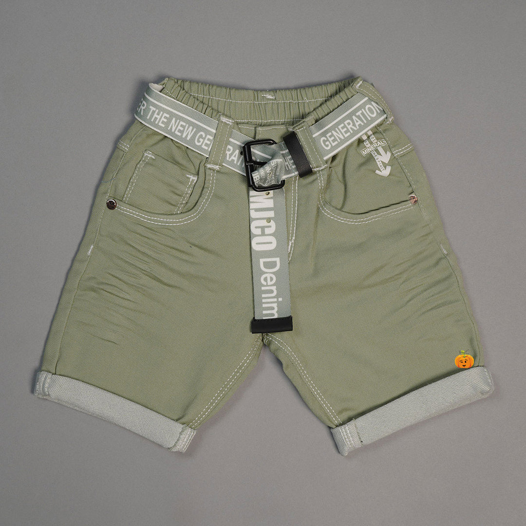 Solid Green Shorts for Boys With Elegant Belt Front View