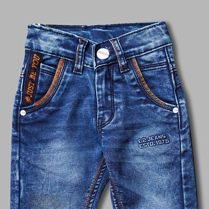 Dark Blue Sheded Jeans for Boys  Close Up