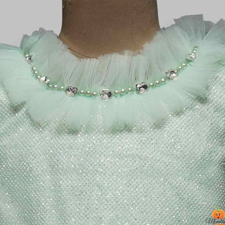 Peach And Sea Green Colors Kids Frock