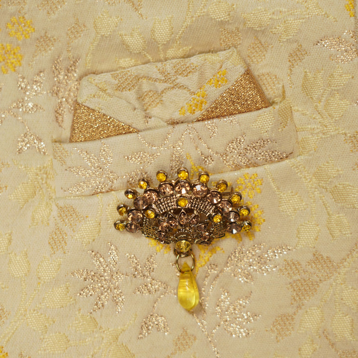 Lemon Sherwani Style Boys Dhoti Kurta Close Up View