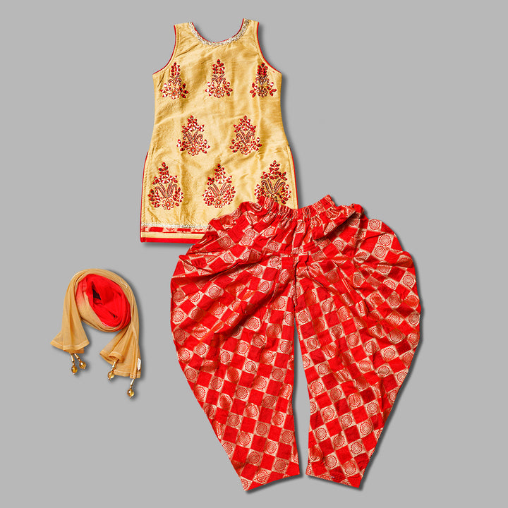 Red-Golden Dhoti Kurta Suit For Kid Girls