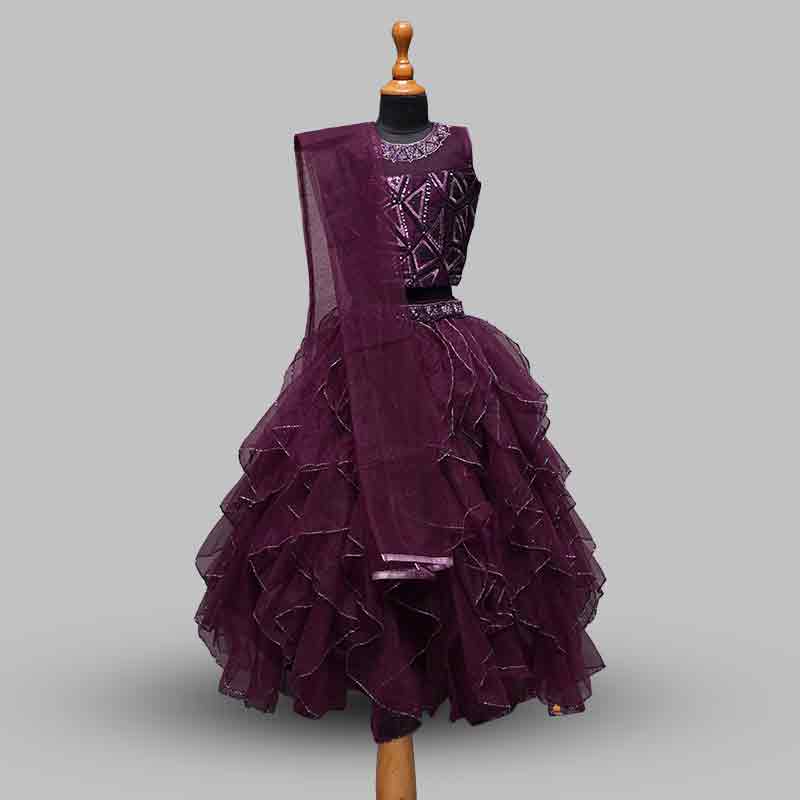 Sleeveless Girls Lehenga In Wine Color