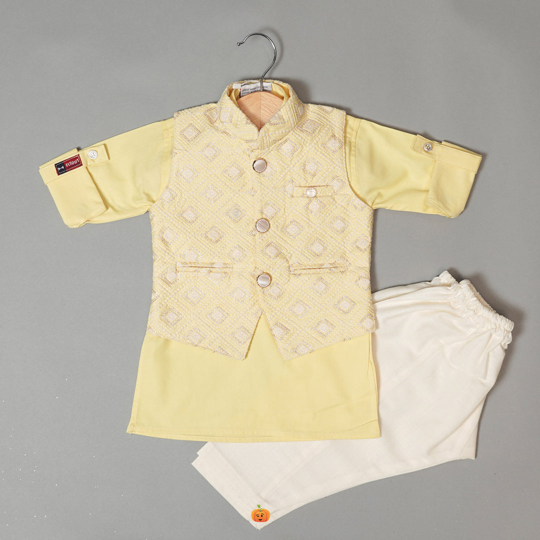 Yellow Designer Kurta Pajama for Kids with Nehru Jacket Front View