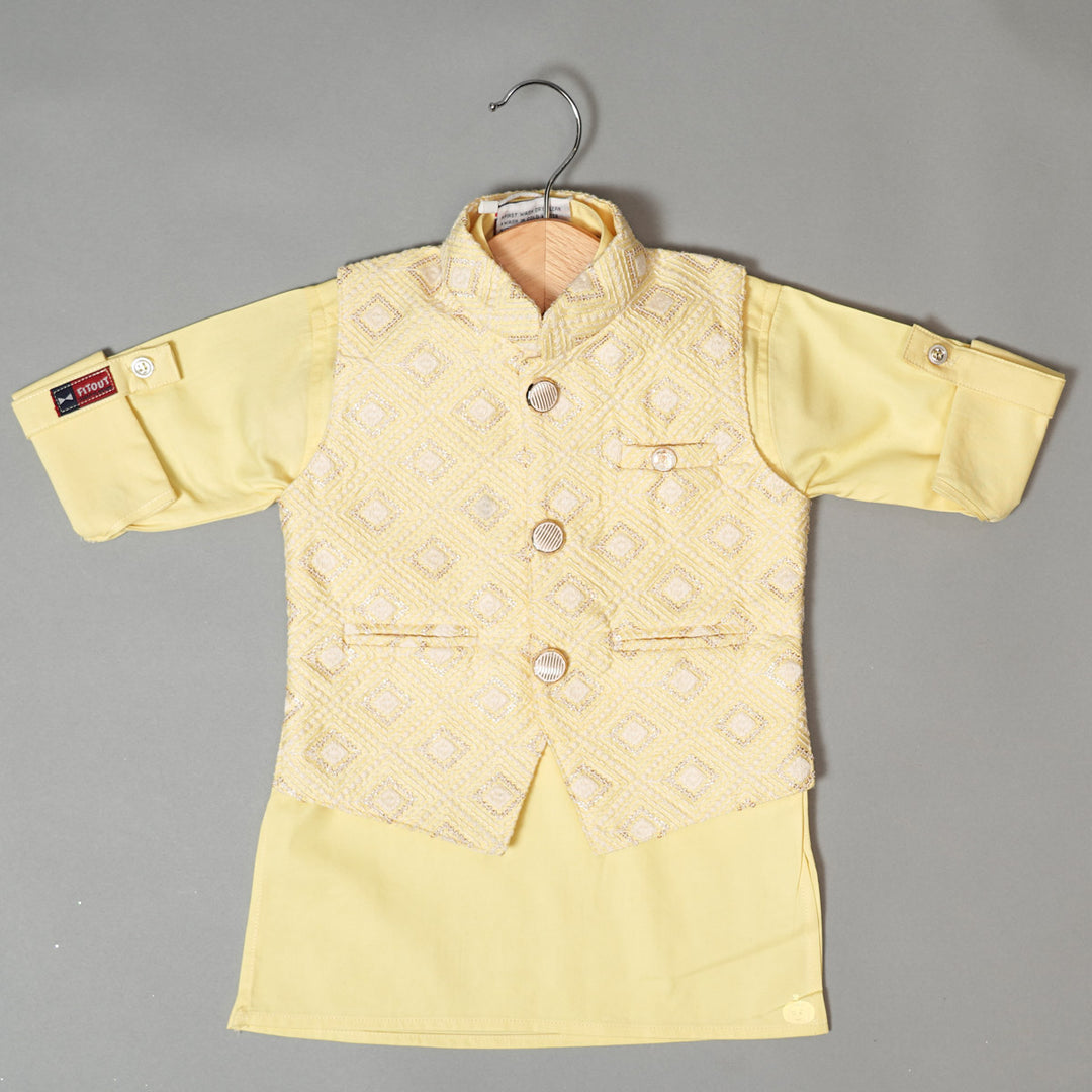 Yellow Designer Kurta Pajama for Kids with Nehru Jacket Top View