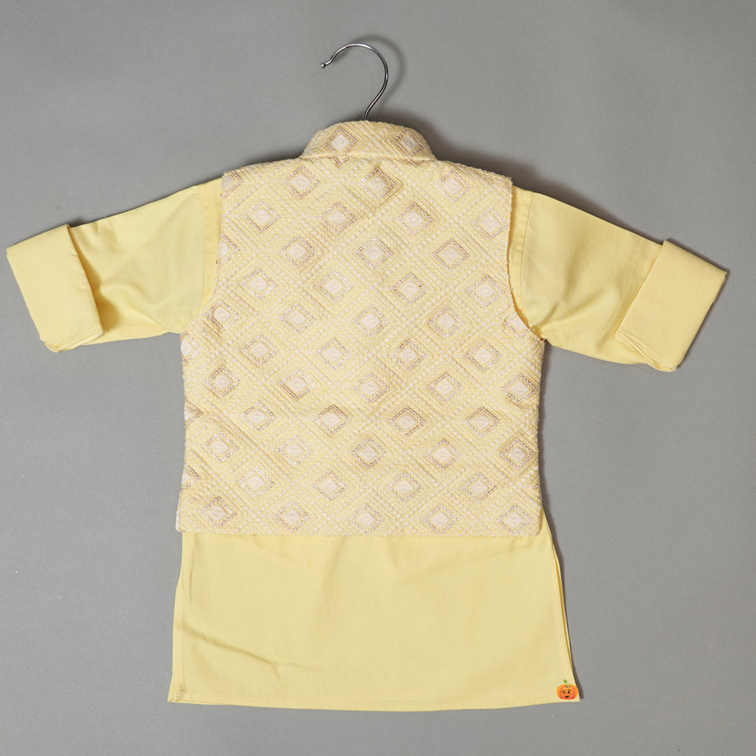 Yellow Designer Kurta Pajama for Kids with Nehru Jacket Back View