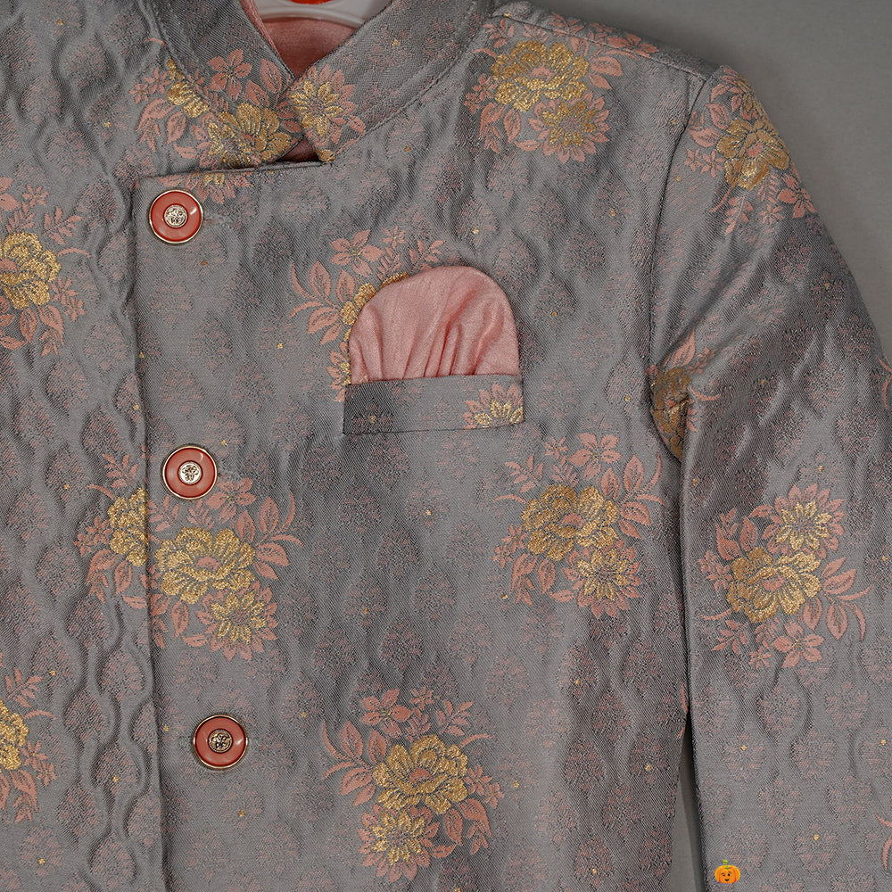 Peach Floral Boys Sherwani Close Up View