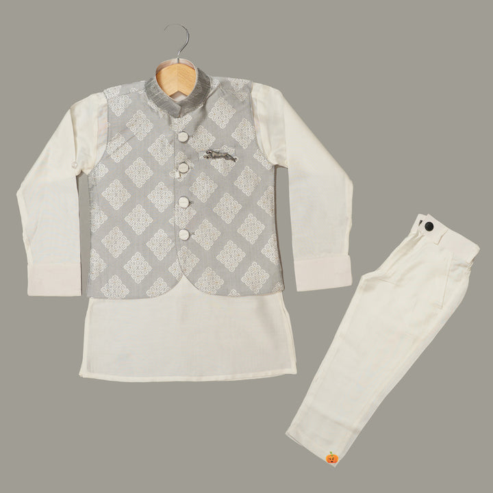 Grey Color Boys Kurta Pajama with Nehru Jacket Front View