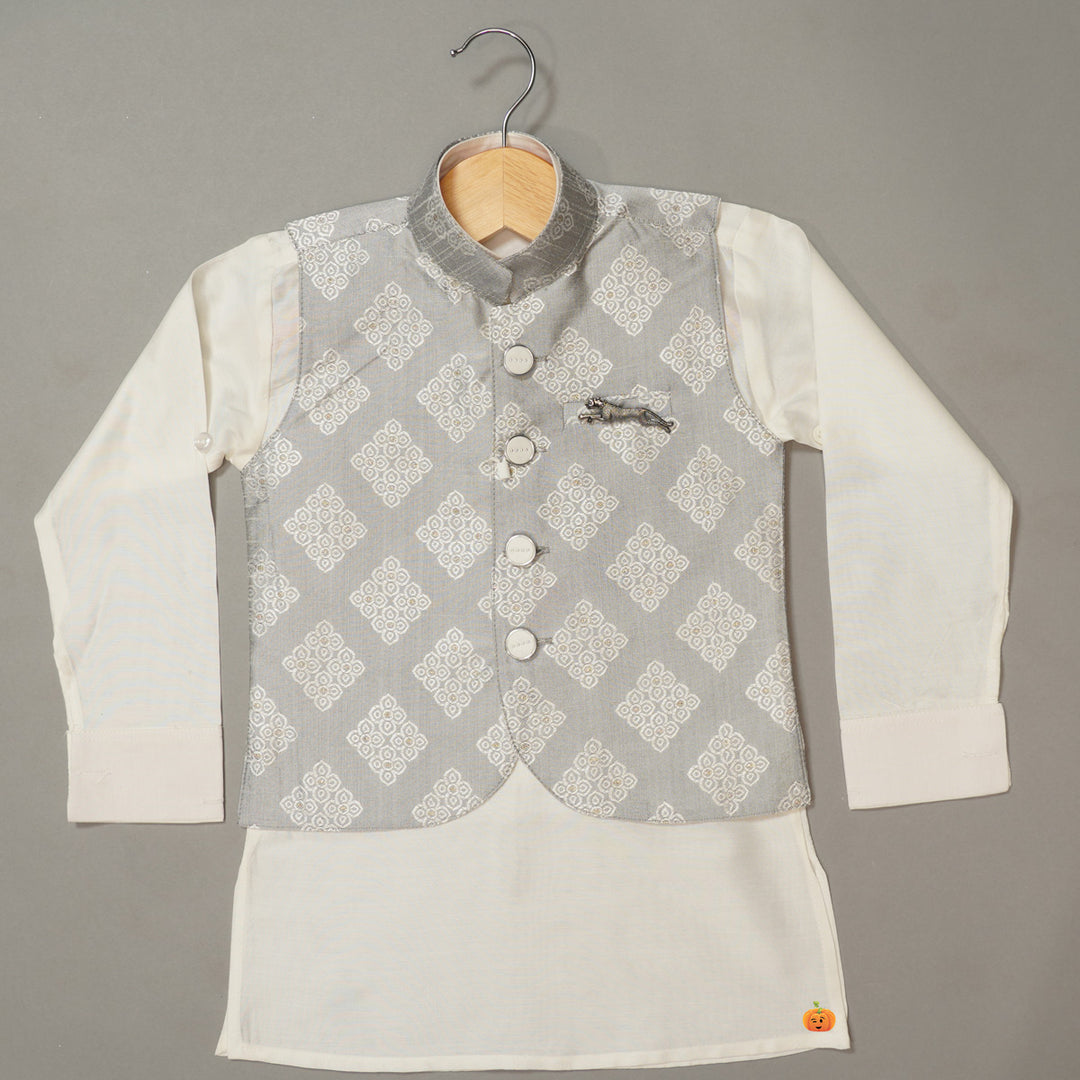 Grey Color Boys Kurta Pajama with Nehru Jacket Top View