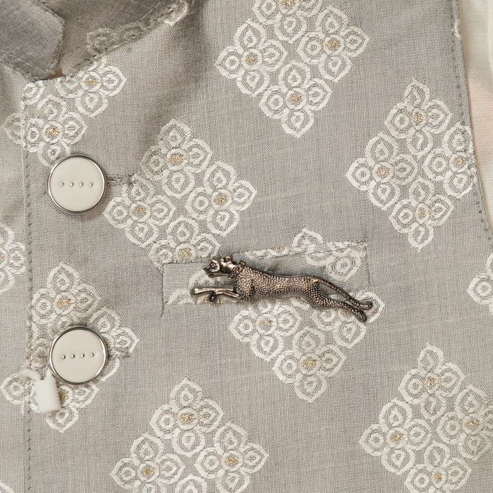 Grey Color Boys Kurta Pajama with Nehru Jacket Close Up View