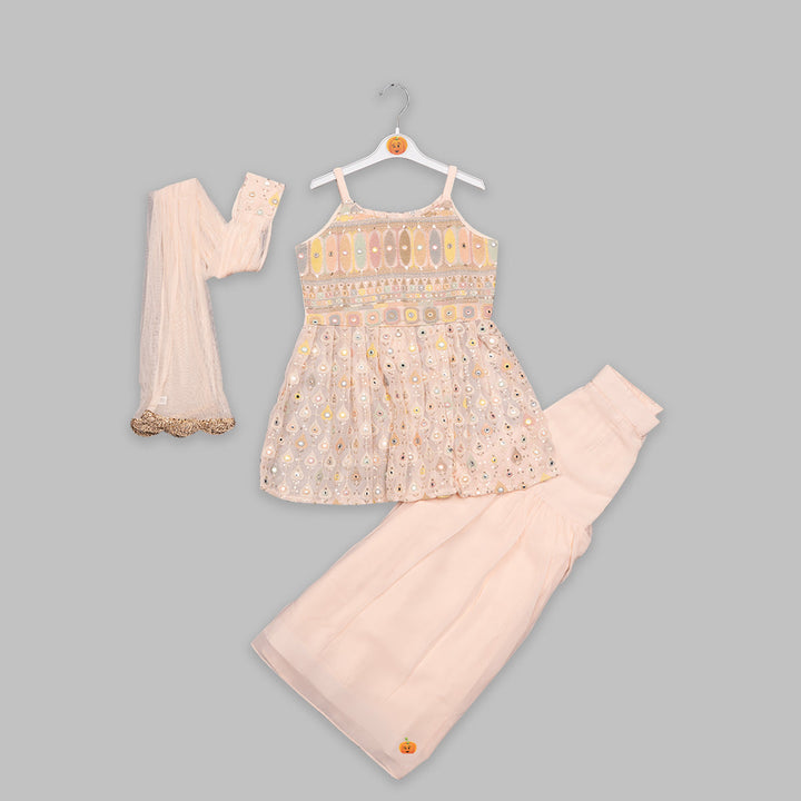 Peach Embroidered Girls Plazo Suit Front View