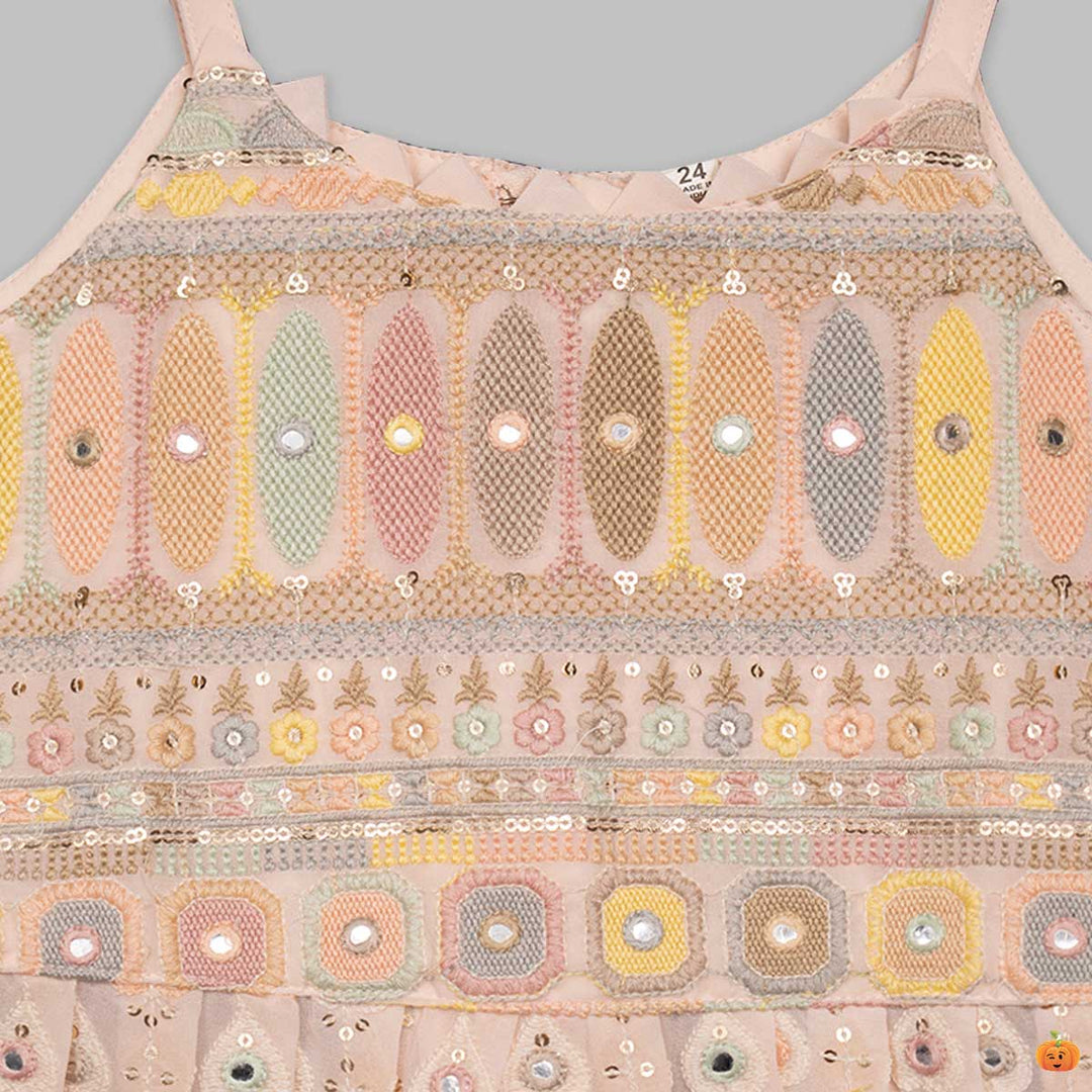 Peach Embroidered Girls Plazo Suit Close Up View