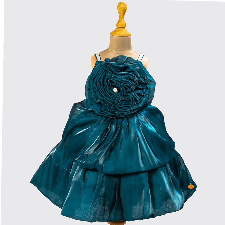 Red & Rama Flower Embossed Girls Frock Front View