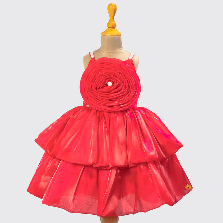 Red & Rama Flower Embossed Girls Frock Front View