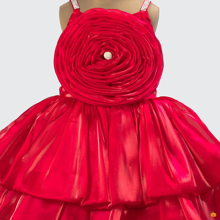 Red & Rama Flower Embossed Girls Frock Close Up View