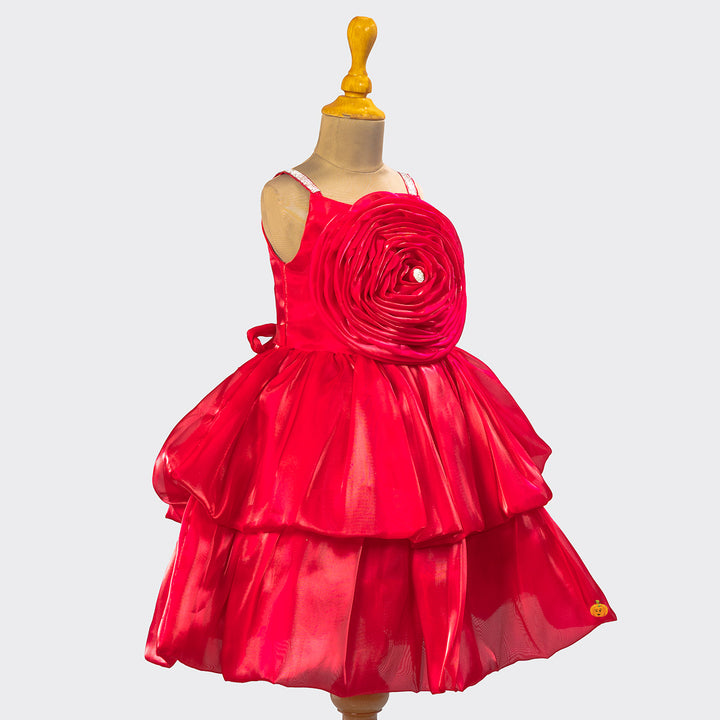 Red & Rama Flower Embossed Girls Frock Side View