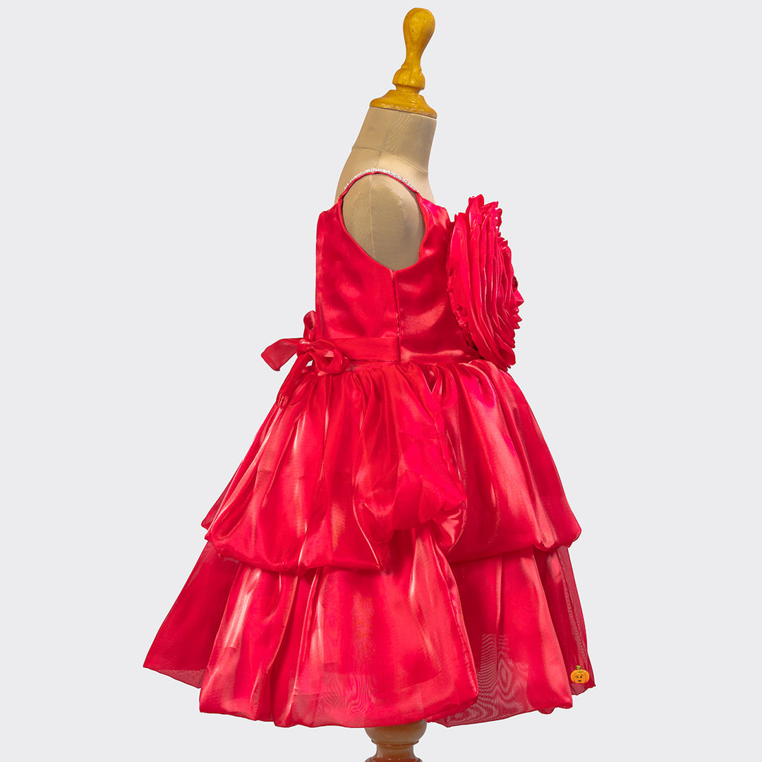 Red & Rama Flower Embossed Girls Frock Side View
