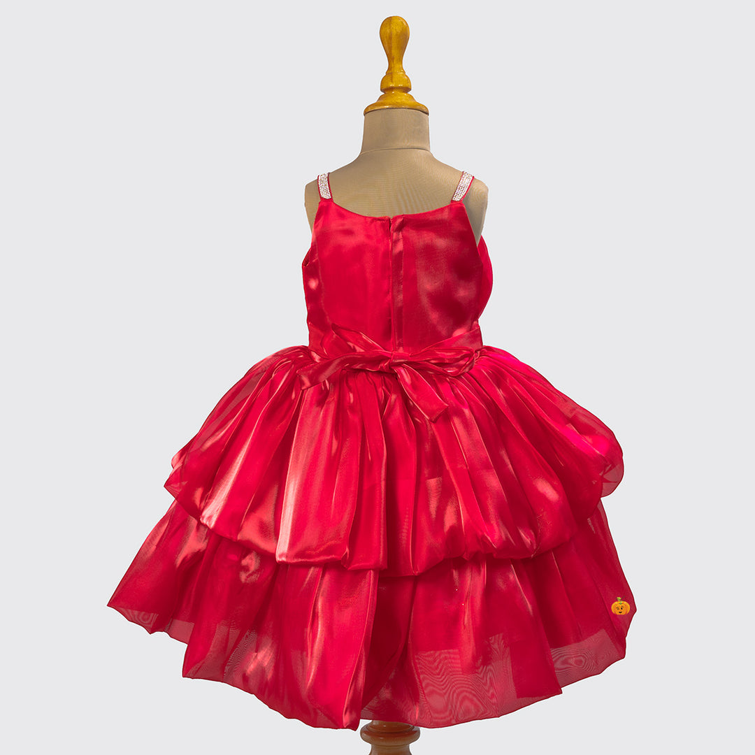 Red & Rama Flower Embossed Girls Frock Back View