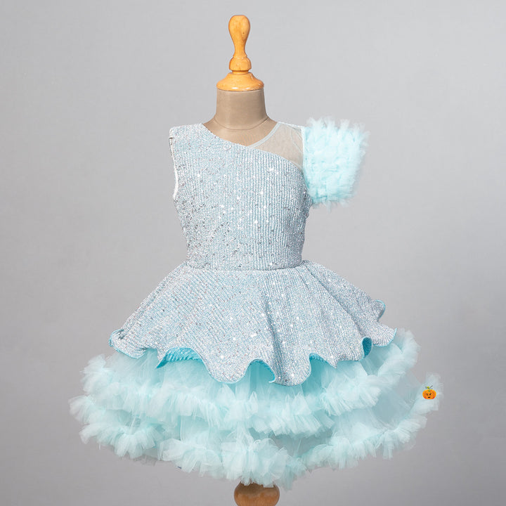 Sky Blue Sequin Frill Girls Frock Front View