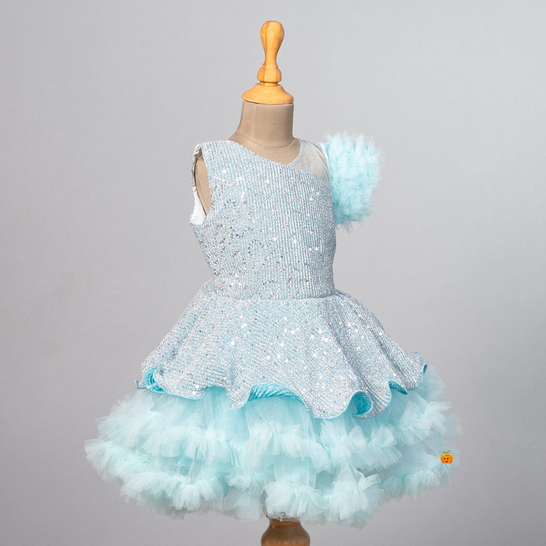 Sky Blue Sequin Frill Girls Frock Side View