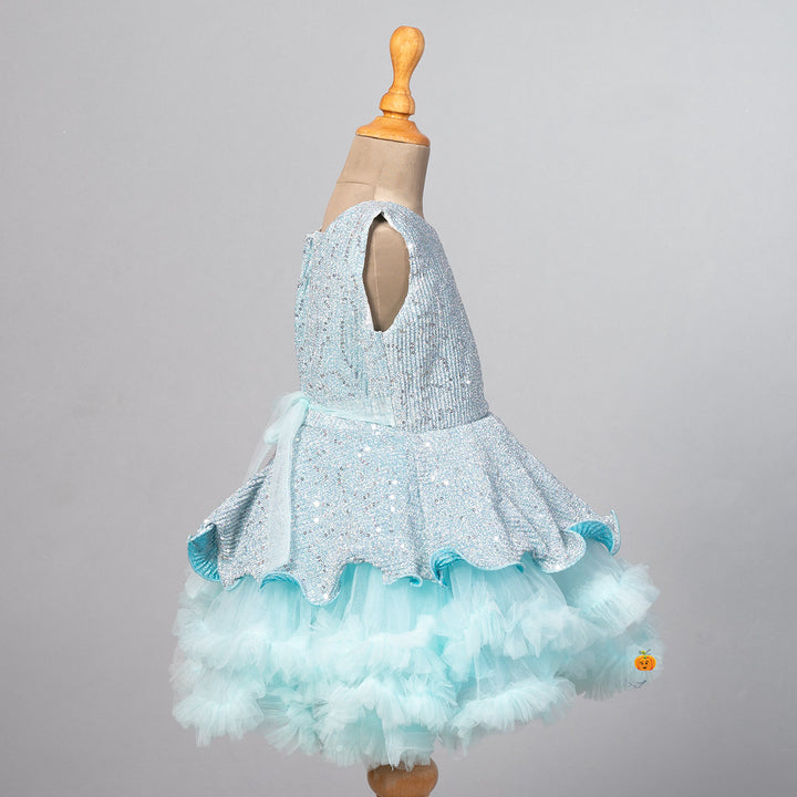 Sky Blue Sequin Frill Girls Frock Side View