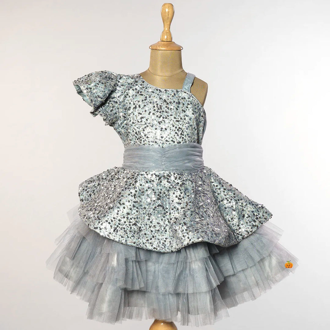 Grey & Onion Sequins Girls Frock Front View