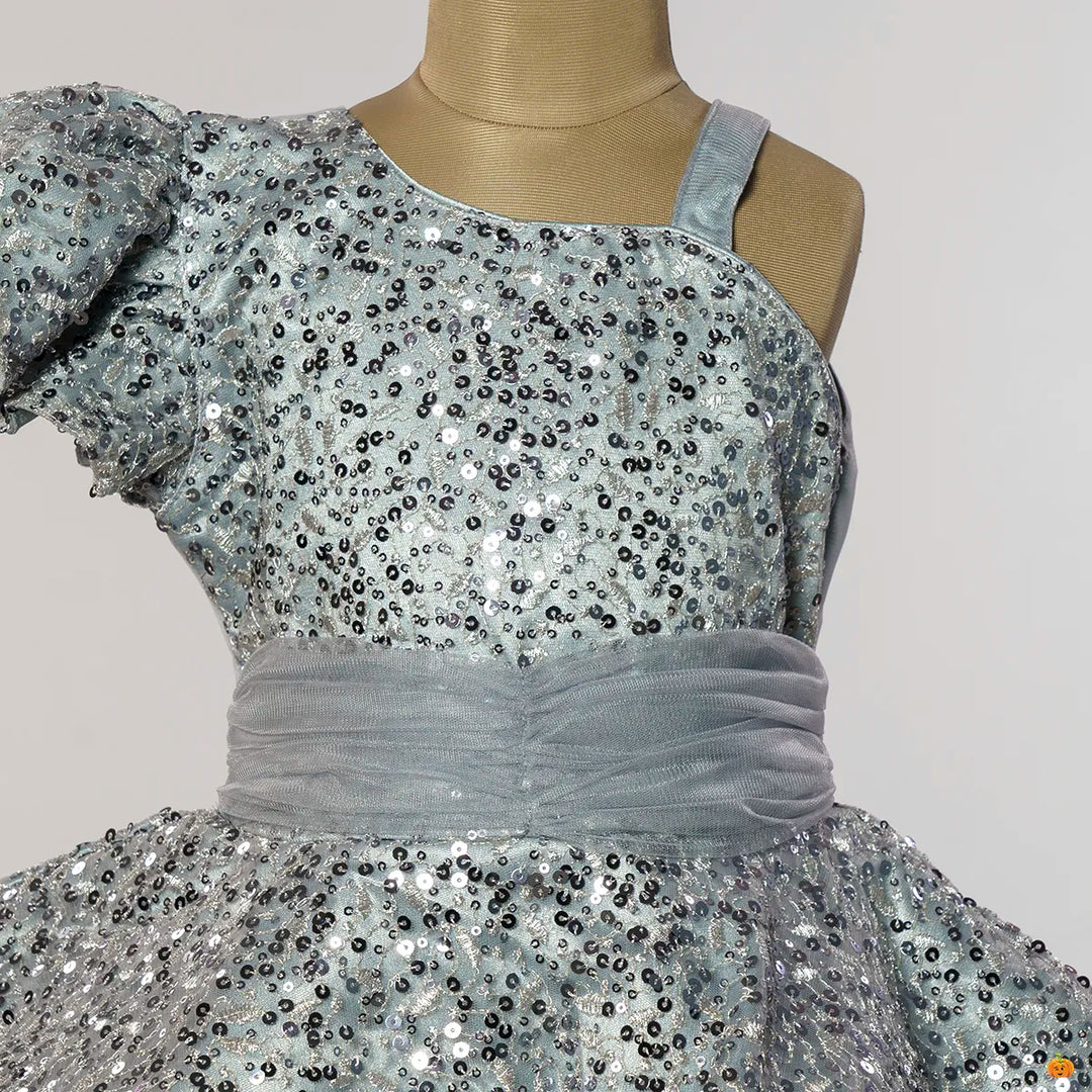 Grey & Onion Sequins Girls Frock Close Up View