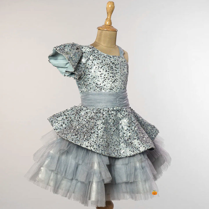 Grey & Onion Sequins Girls Frock Side View