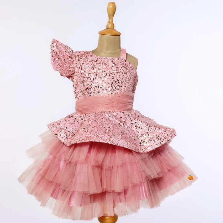 Grey & Onion Sequins Girls Frock Front View