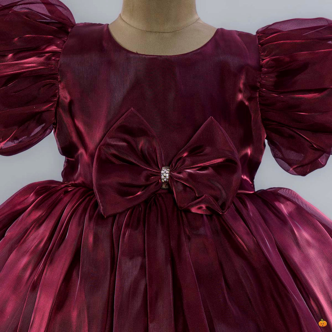 Wine Ruffle Sleeves Girls Frock Close Up View