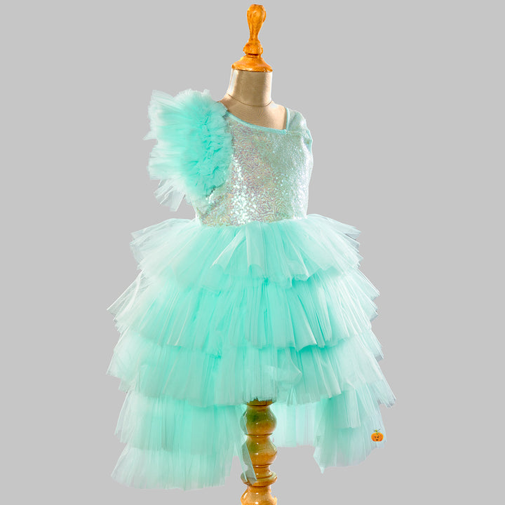 Sea Green Layered High low Pattern Girls Frock Side View