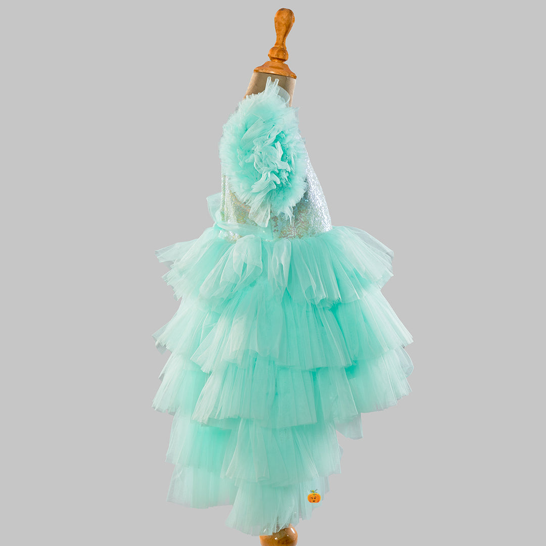 Sea Green Layered High low Pattern Girls Frock Side View