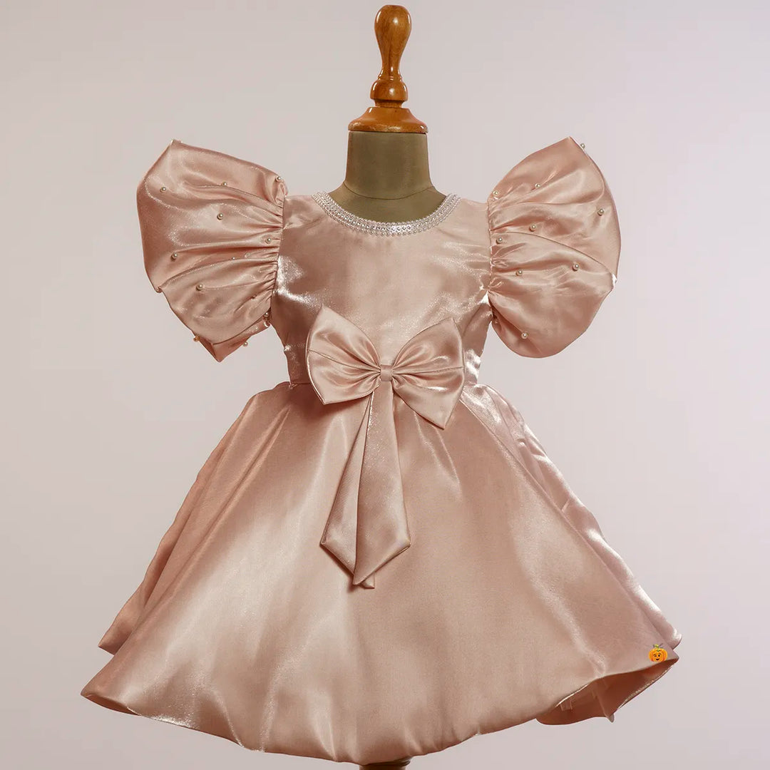 Peach & Pista Puffy Ruffled Sleeves Girls Frock Front View