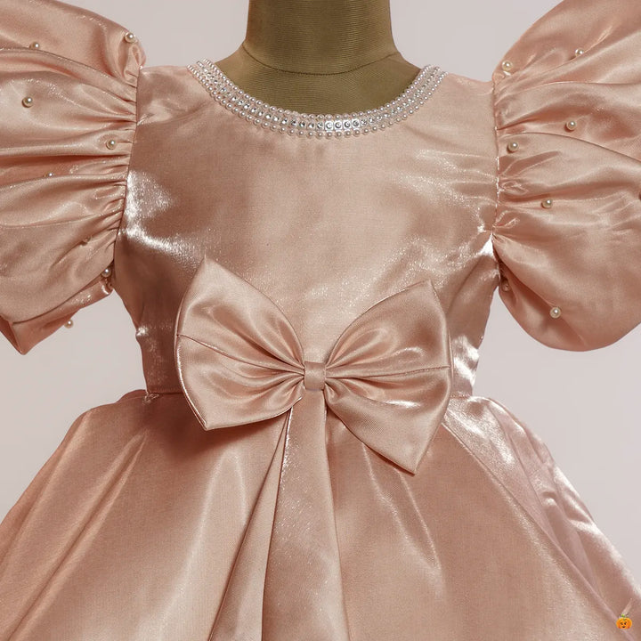 Peach & Pista Puffy Ruffled Sleeves Girls Frock Close Up View