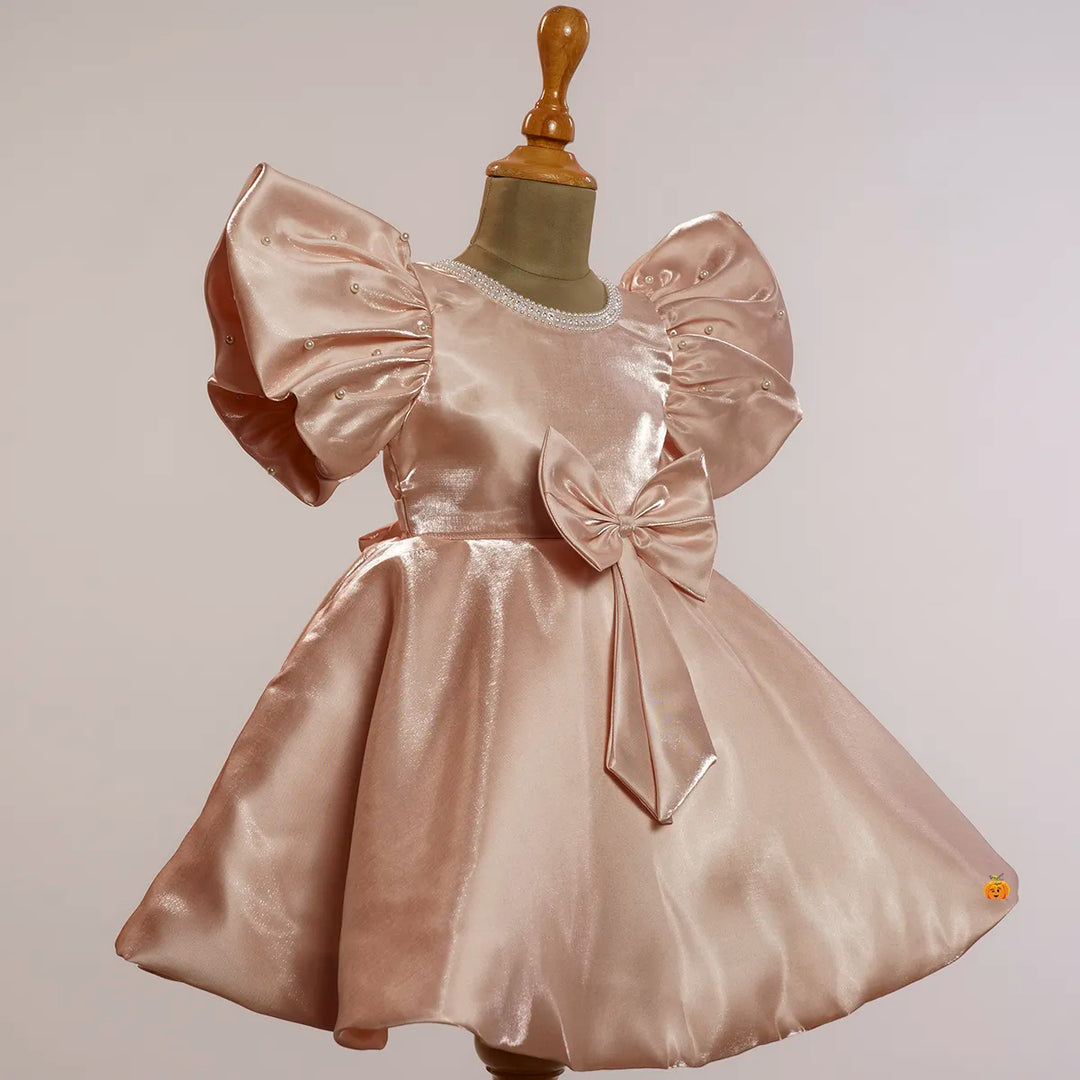 Peach & Pista Puffy Ruffled Sleeves Girls Frock Side View