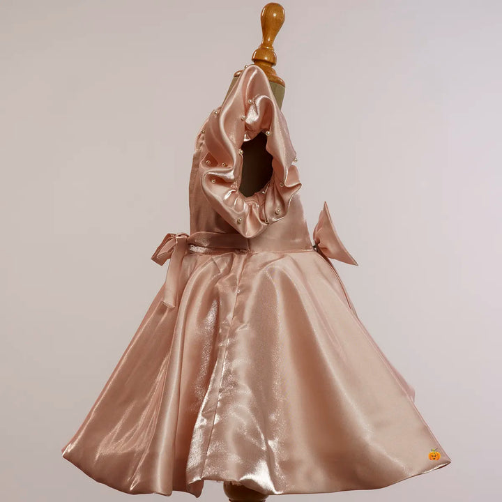 Peach & Pista Puffy Ruffled Sleeves Girls Frock Side View