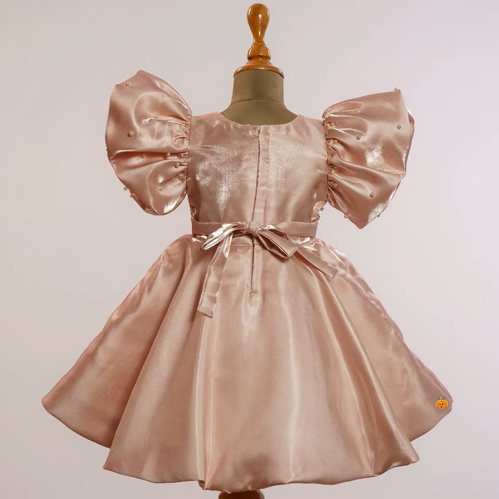 Peach & Pista Puffy Ruffled Sleeves Girls Frock Back View