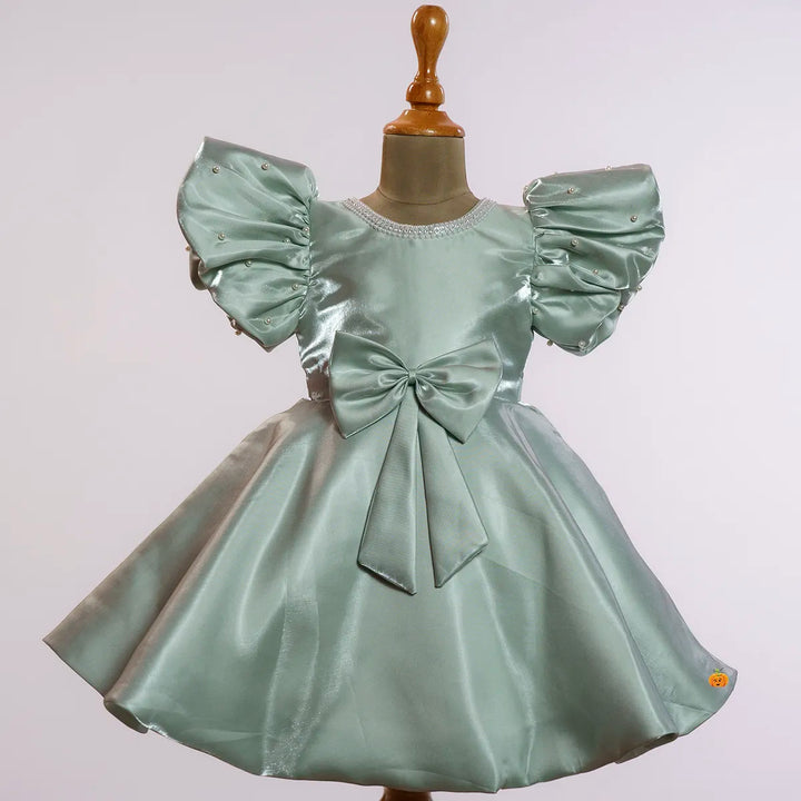 Peach & Pista Puffy Ruffled Sleeves Girls Frock Front View