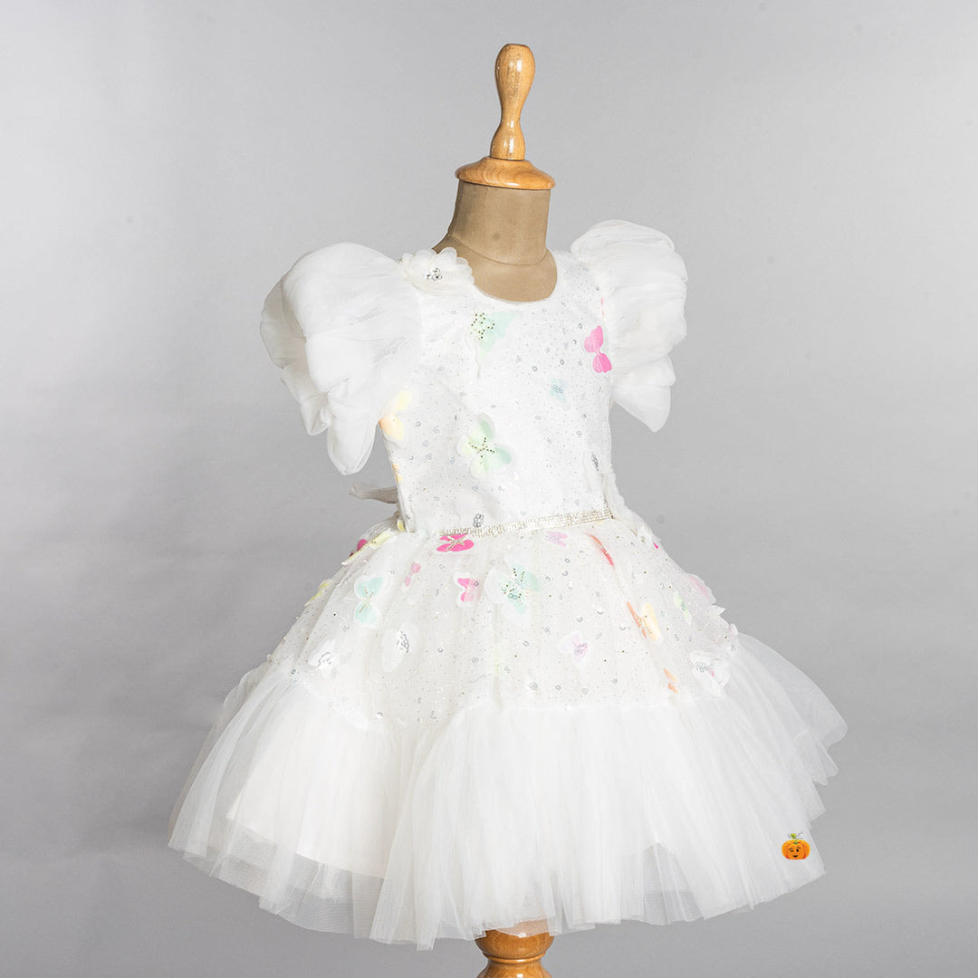 White Ruffled Sleeves Girls Frock  