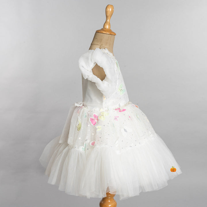 White Ruffled Sleeves Girls Frock  