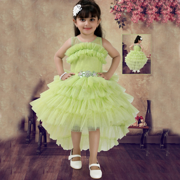 High Low Layered Pattern Party Wear Girls Frock Model Front View